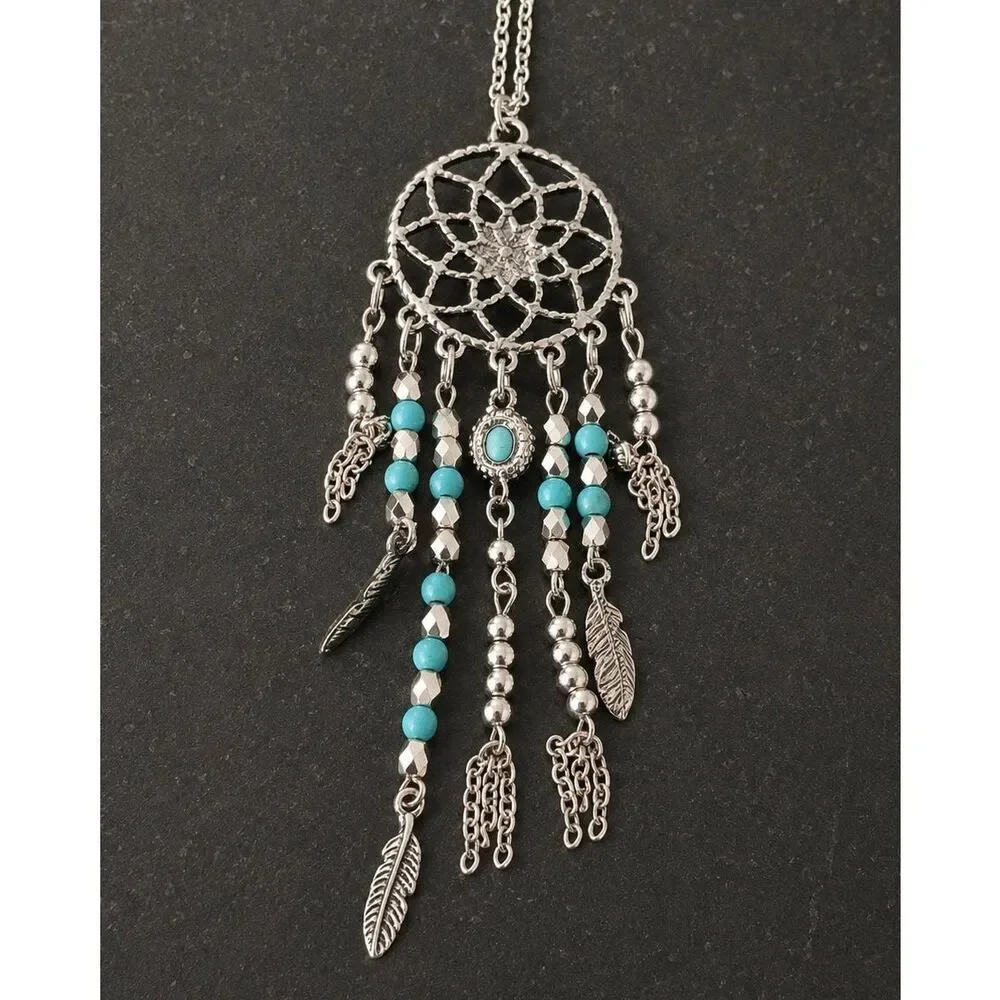 Men’s Turquoise & Feather Dreamcatcher Long Pendant Necklace Silver Tone Tassels